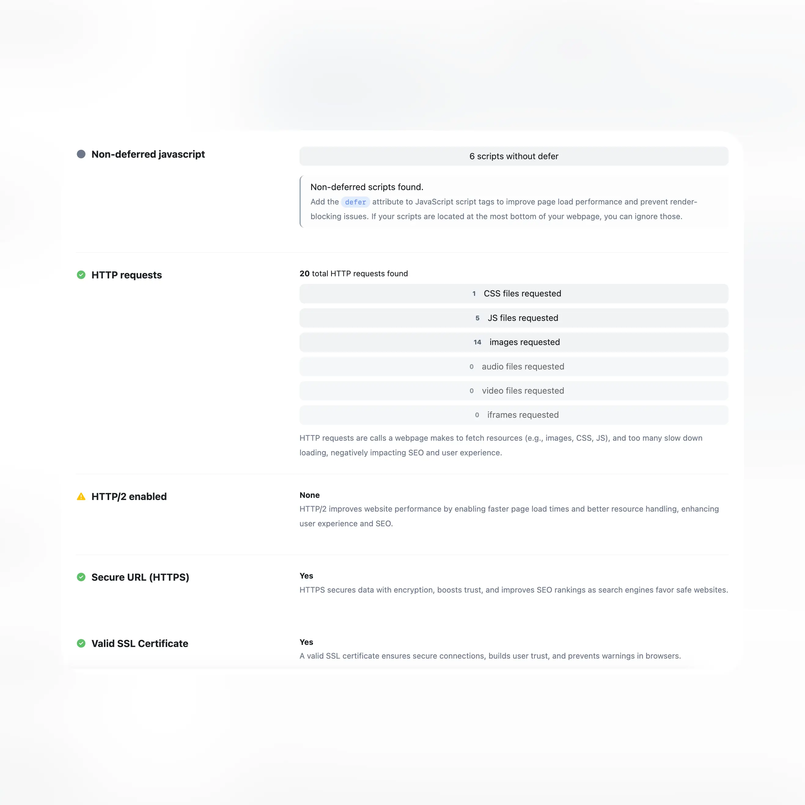 Capture d’écran des tests SEO générés
