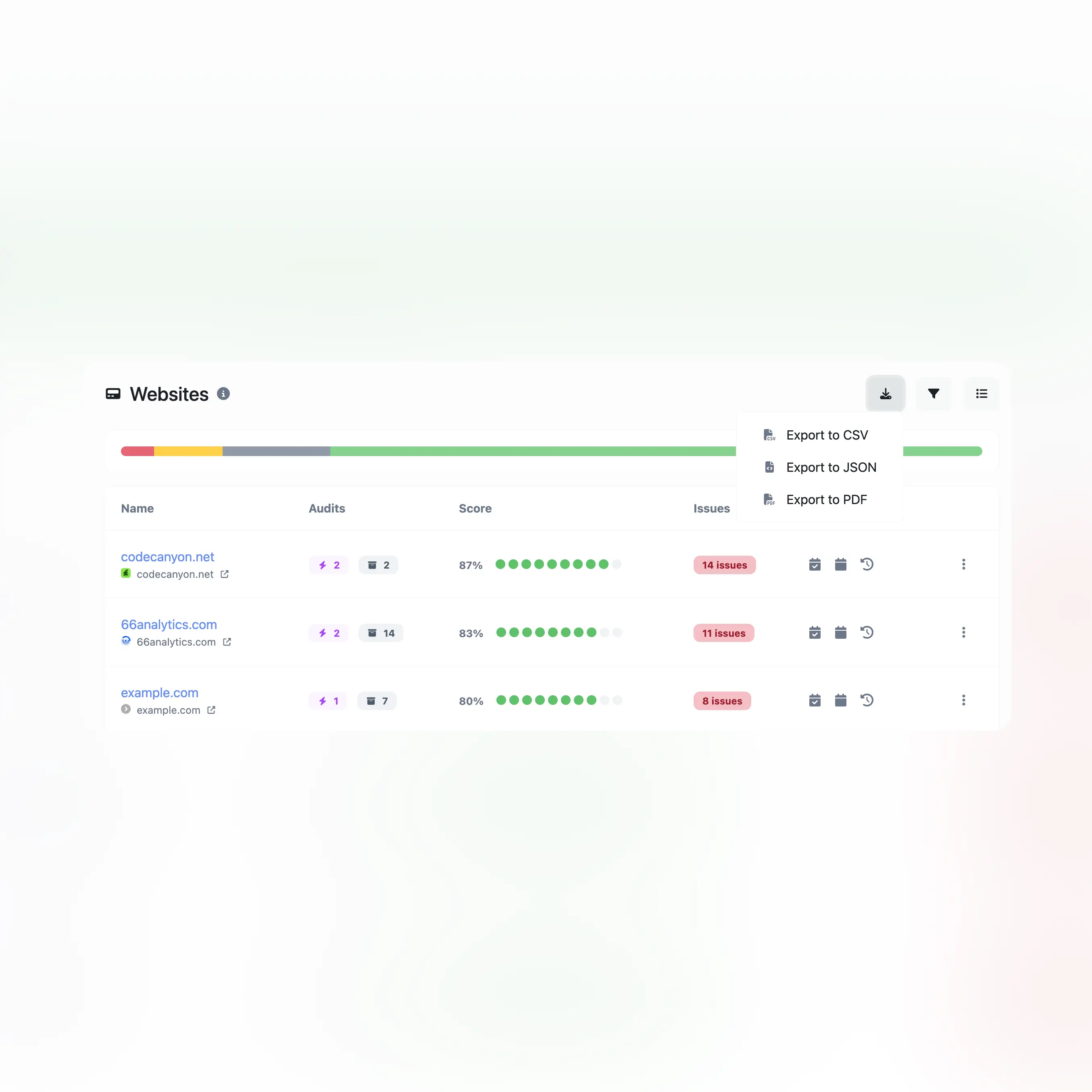 Capture d’écran de l’export des audits en CSV, PDF, etc.
